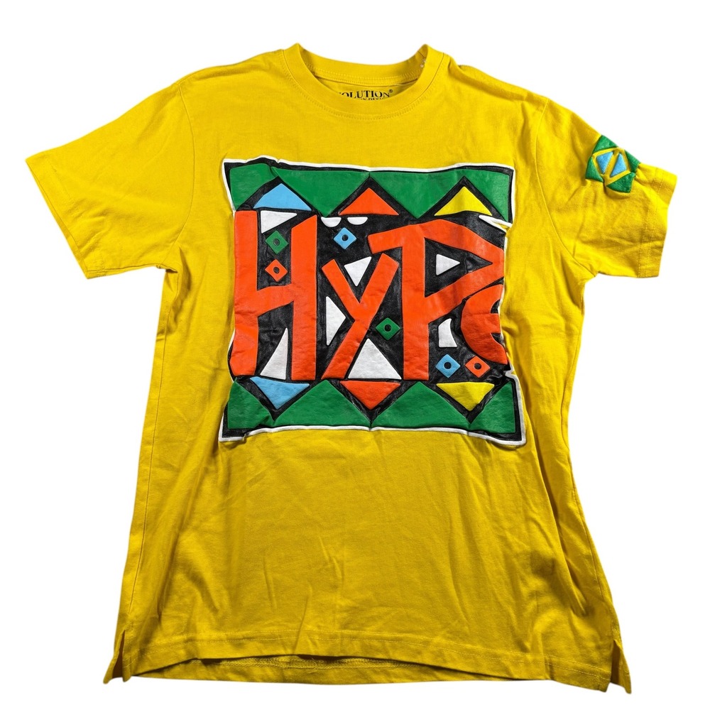 VTG Evolution In Design Men M Yellow Hype Graphic Tee‎ Raised Puff Print